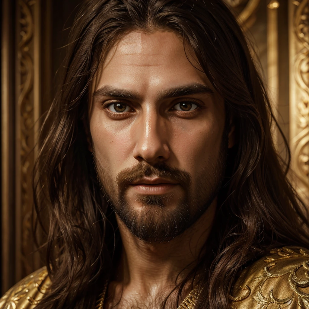 a detailed portrait of jesus christ, beautiful detailed eyes, beautiful detailed lips, extremely detailed face, long hair, beard, serene expression, haloed, digital art, hyperrealistic, photorealistic, dramatic lighting, chiaroscuro, golden hues, intricate details, ornate robe, renaissance painting style