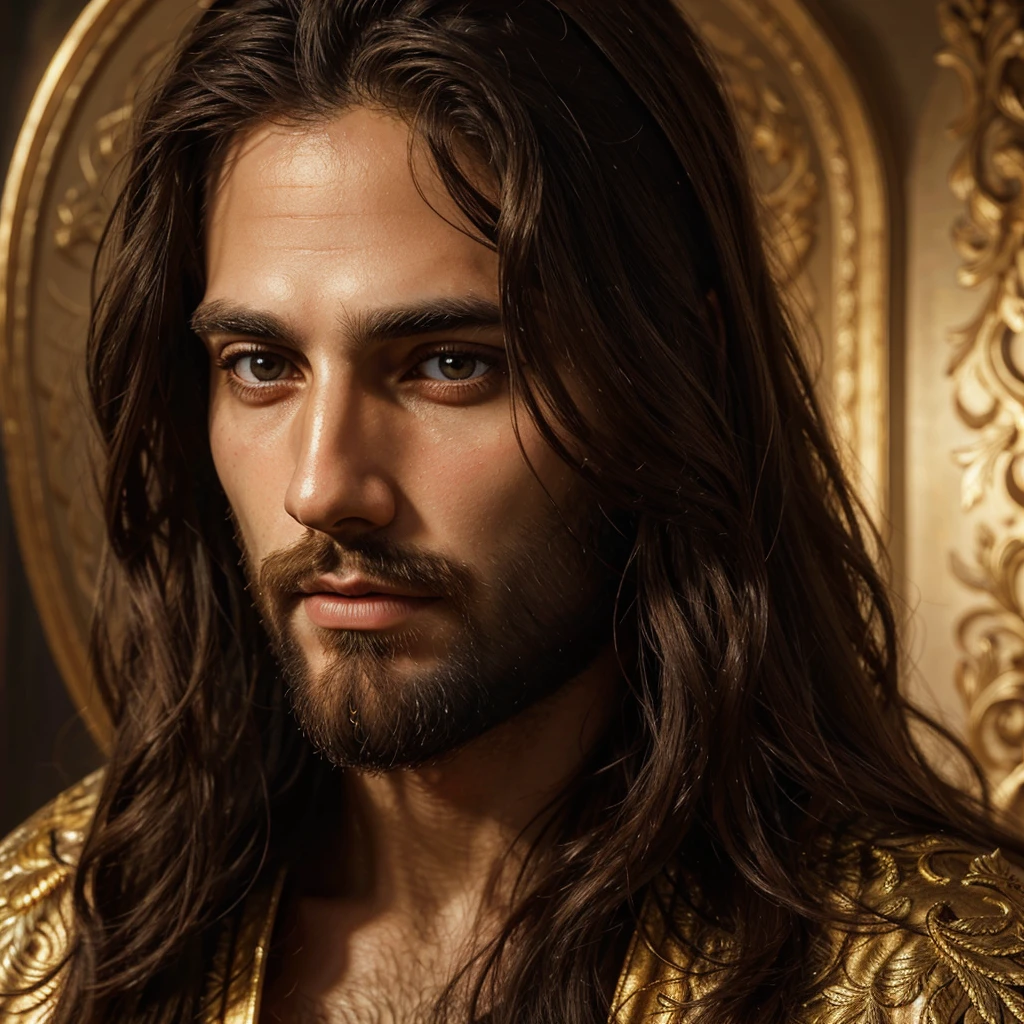 a detailed portrait of jesus christ, beautiful detailed eyes, beautiful detailed lips, extremely detailed face, long hair, beard, serene expression, haloed, digital art, hyperrealistic, photorealistic, dramatic lighting, chiaroscuro, golden hues, intricate details, ornate robe, renaissance painting style