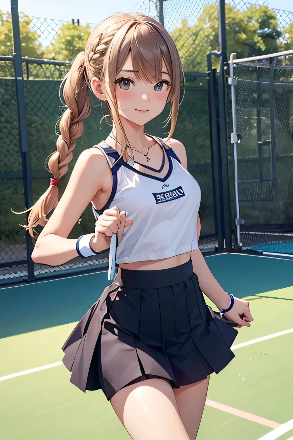 Highest quality、High resolution、Detailed Background、(Beautiful face in every detail:1.4)、Anatomically correct、(Detailed eyes:1.2)、 beauty、Cute hair colour、Braided Ponytail、Braided bob cut、Braided twin tails、A fun atmosphere、Friendship and fulfillment felt through tennis、Tennis court、

Running on the white coat, blown by the fresh wind、Strength in the hands that grip the racket、
Concentrate on each ball and hang on to your opponent、Immersed in the world of competition, my heart is racing、
Win or lose, hold hands with your friends、The bond of mutual admiration grows deeper、
The joy of sweaty skin、A dazzling smile blooms and fun times flow、

T-shirts and tank tops are recommended.、skirt、Shorts、Leggings etc.、
When it comes to skirts, short styles are the trend、White pleated tennis skirt、
Wristband、hair band、Socks etc.、Colorful and stylish design