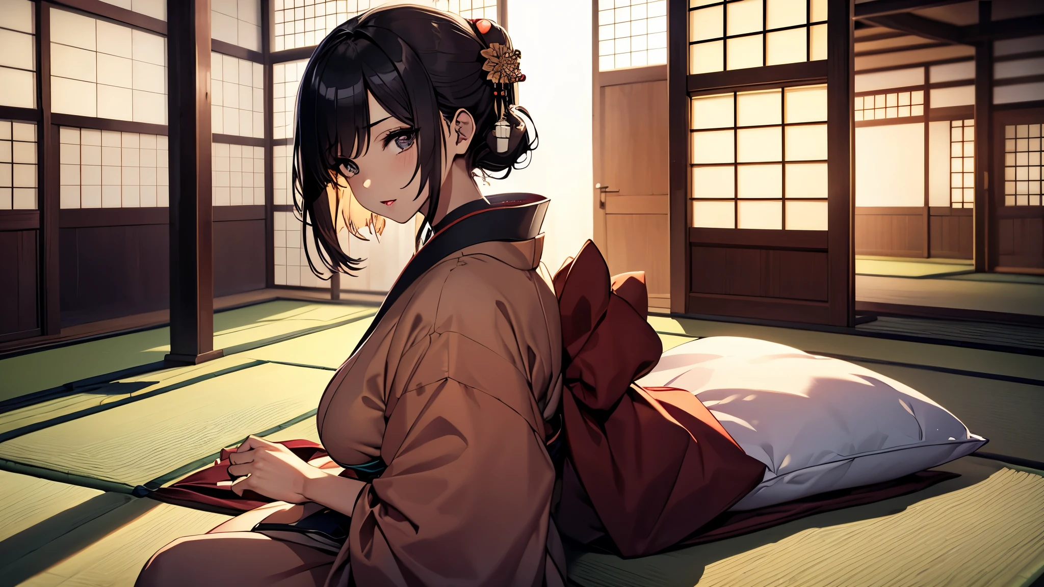(1girl:1.3), Masterpiece, Best quality, amazing beauty, [[3D]], 4K, absurdres, finely detail, super detailed eye, perfect anatomy, official art, cinematic lighting, BREAK, (Japanese-style room, tatami, futon
,mattress, pillow:1.3), silky long hair, silky side ponytail, black hair, super shiny detailed black eye, big eyes, sparkle(in the eyes), thick eyebrow, close-mouth, plump lips, Mascara, False eyelashes, red lips, hairpin, Looks like fun, BREAK , huge breasts, tall, medium, wheat skin, , BREAK , traditional Japanese setting, young woman in a colorful kimono, sitting futon, seiza, gazing at the scenic view, serene atmosphere, natural lighting, high detail, BREAK,(kimono:1.3)