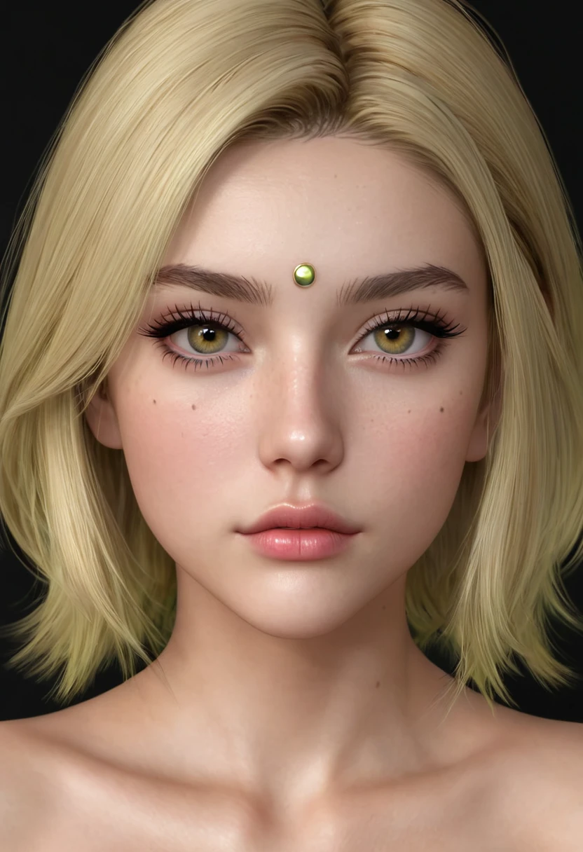 a pretty sexy blonde girl with almond eyes and slim body. You can see her entire body and she has everything very well defined. She has moles on her face and piercing