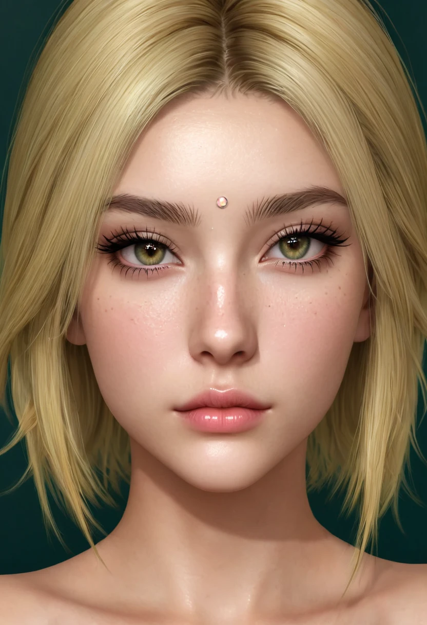 a pretty sexy blonde girl with almond eyes and slim body. You can see her entire body and she has everything very well defined. She has moles on her face and piercing