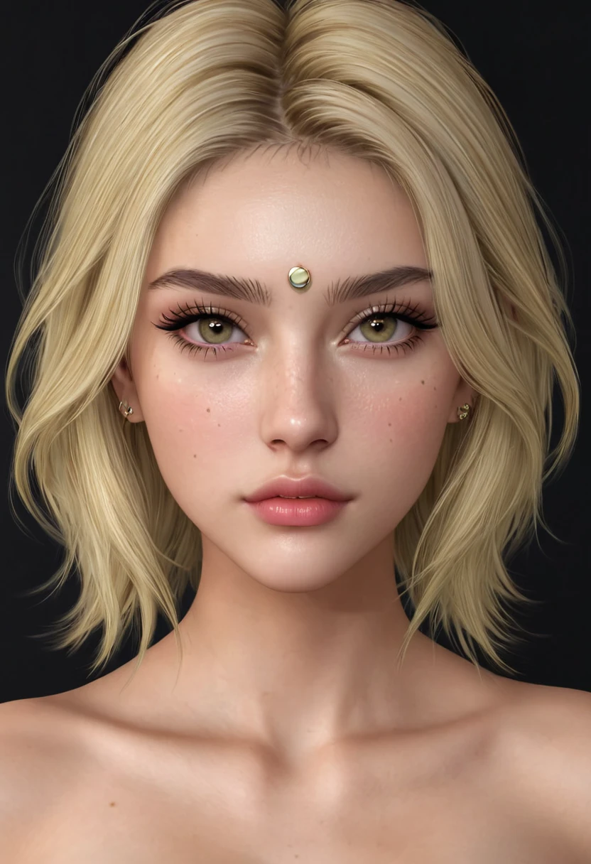 a pretty sexy blonde girl with almond eyes and slim body. You can see her entire body and she has everything very well defined. She has moles on her face and piercing 