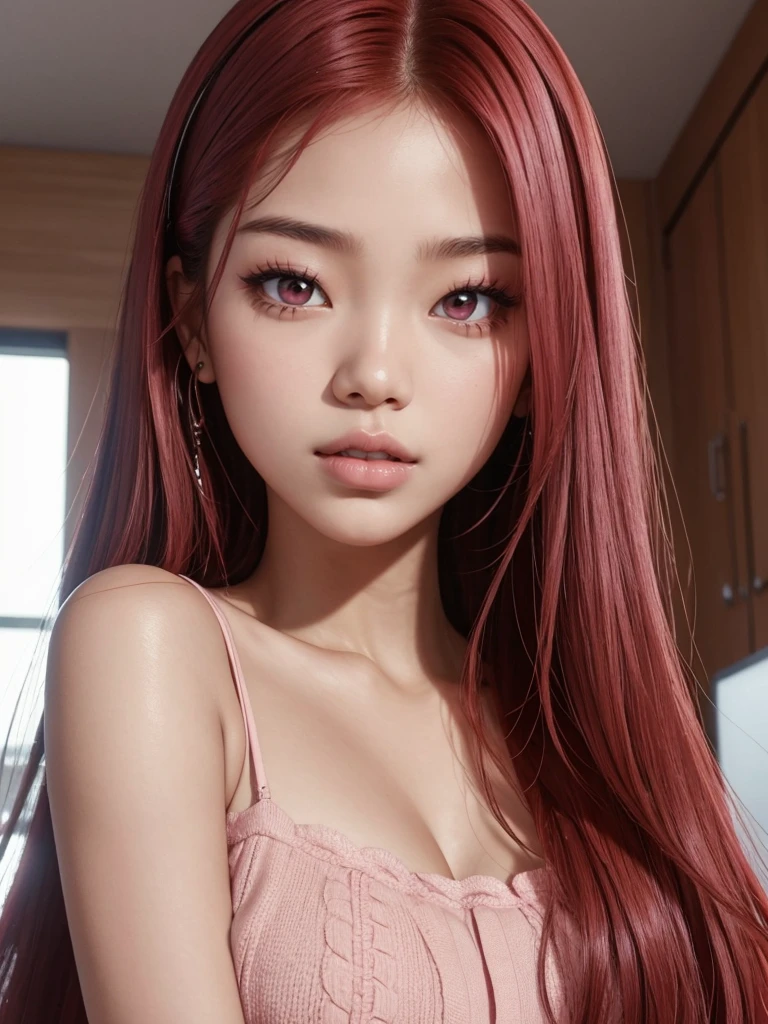 A woman pregnant glowing skin, lips, sacimaer detailed skin, with five fingers normal on the hands Beautiful face and detailed pink eyes, Spotlight, professional lighting, 1 girl, Alone, long hair, wearing a cute outfit, natural pose, lips, indoor, realistic, I want the whole image be created, face and body of blackpink's Jennie kim with red hair and in four places with different poses doing random things