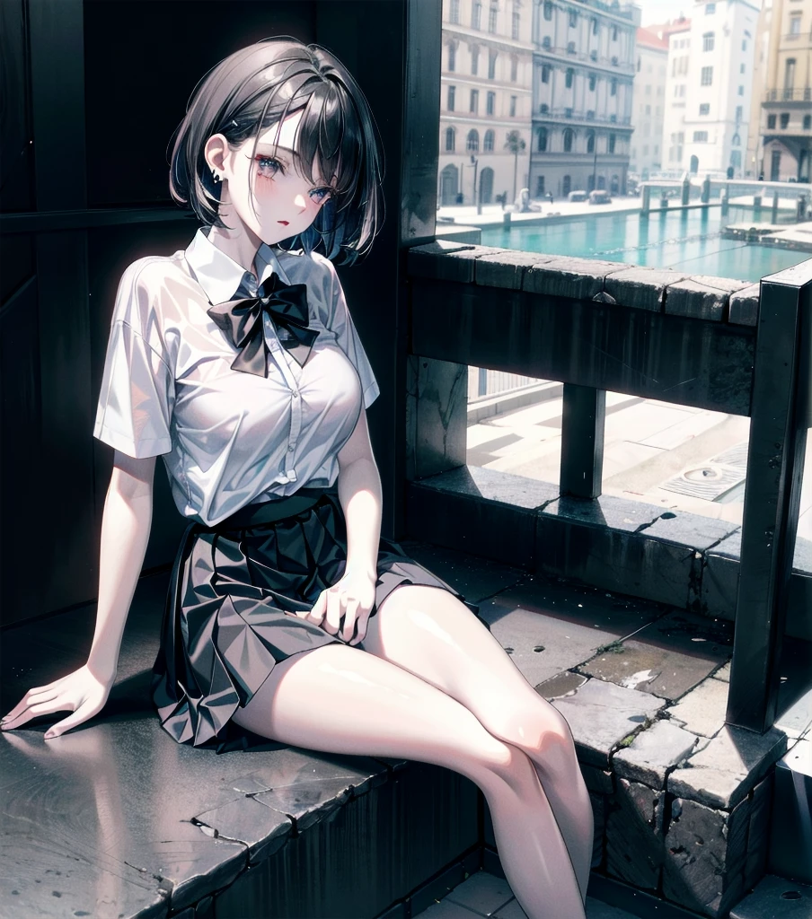 RAW photo, extremely delicate and beautiful, masterpiece, Best Quality, ultra high resolution, 16k, photorealistic, ultra detailed description, pale skin, in her 20s, whole body, medium tits, medium hair, black hair, tearful mole, earring, school_uniform, shirt, skirt,