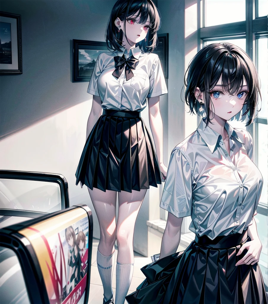 RAW photo, extremely delicate and beautiful, masterpiece, Best Quality, ultra high resolution, 16k, photorealistic, ultra detailed description, pale skin, in her 20s, whole body, medium tits, medium hair, black hair, tearful mole, earring, school_uniform, shirt, skirt,