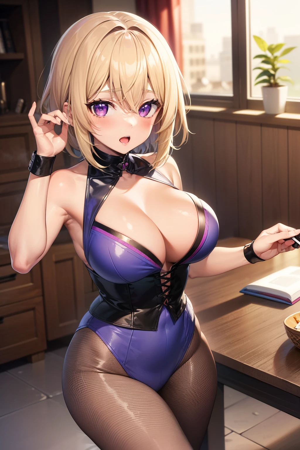 (Tabletop, Highest quality, Super detailed), One Girl, Purple eyes, Blonde Hair, Dark Skin, Short Hair、Perm Hair、((Fishnet tights))、(Bedroom)、((Kunoichi))、