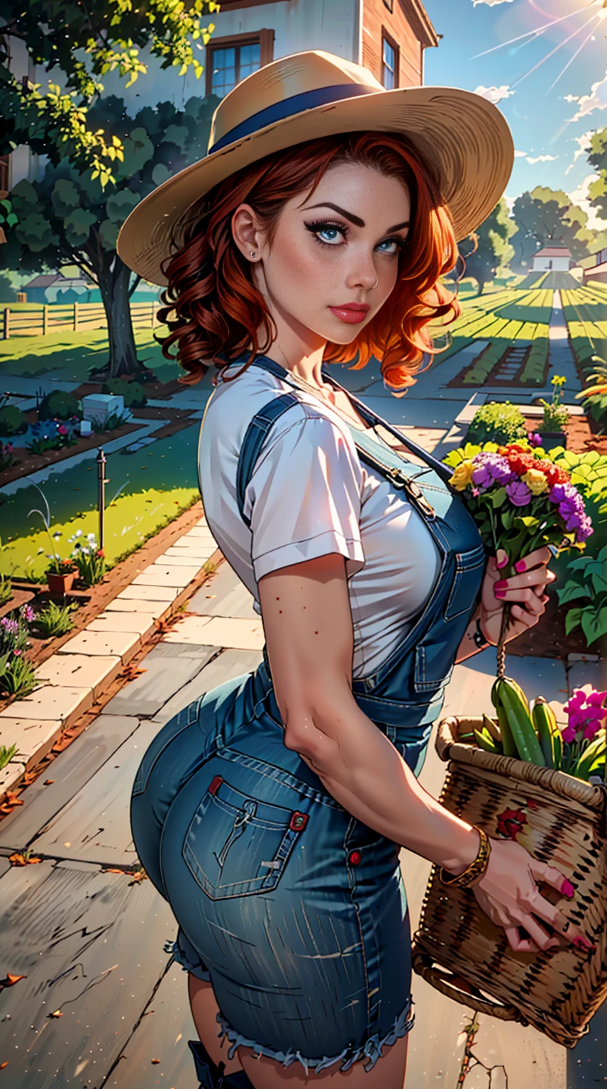 (best quality,4k,8k,highres,masterpiece:1.2),ultra-detailed,realistic,red-haired girl with freckles,beautiful detailed eyes and face,smug expression,sassy attitude,cute girl,curly red hair,plaid shirt,denim overalls,hat,farmer boots,brown curly hair,long eyelashes,thick booty,farm background,holding a basket of fresh vegetables,gardening tools,morning sunlight,vivid colors,rustic style,soft lighting