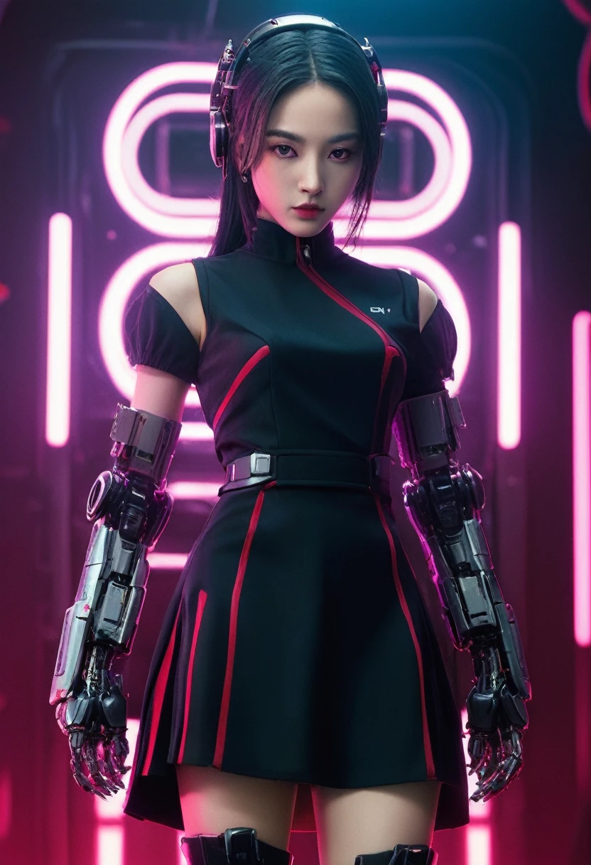 xxmixgirl. Highly detailed professional 35mm film, bokeh, face in sharp focus. A robotic female, Miku, with ((metal skin)), ((perfect Asian eyes)) with magenta irises and ((black pupils)), beautiful serious (detailed face), 18 year old ((photorealistic face)), very long magenta twin tails of magenta hair, twin black hair ties with a single red stripe. She may have a black audio headpiece. We can see her ((full body)) down to her boot soles. Her outfit is a sleeveless collared light grey shirt, outlined in red around the frilled collar and hems. Shiny reflective ((metallic breast cups, dimpleless)), invisible nipples. She wears black sleeves with red hems that start around her upper arm and bellow out as the sleeves open and extend to her wrists, with wide trumpet red rimmed cuffs. She has perfect robotic (detailed hands). She wears a red colored tie with two horizontal solid parallel black lines halfway across. She wears a fabric black skirt with a horizontal red hem at the bottom all the way around; her (((black skirt wraps around her))) and ((her skirt completely covers)) her robotic waist and thighs. Tall black boots with red bottom soles, a red rim around the top at her thighs. Her mechanical shoulder joints are visible. We can see her robotic legs and robotic neck. Half of her is covered with shiny polished machinery. The background is a distant dark neon futuristic Japanese city, gold, cyan, violet neon, near harbor or mountains.