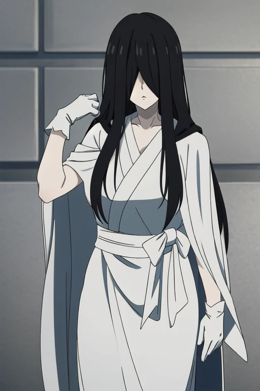 ((masterpiece)), (best quality), (absurdres), black hair, yamamura_sadako, white gloves, white cape (white dress, black obi), (grey skin), hair over eyes, eyes covered, looking at viewer, cape,