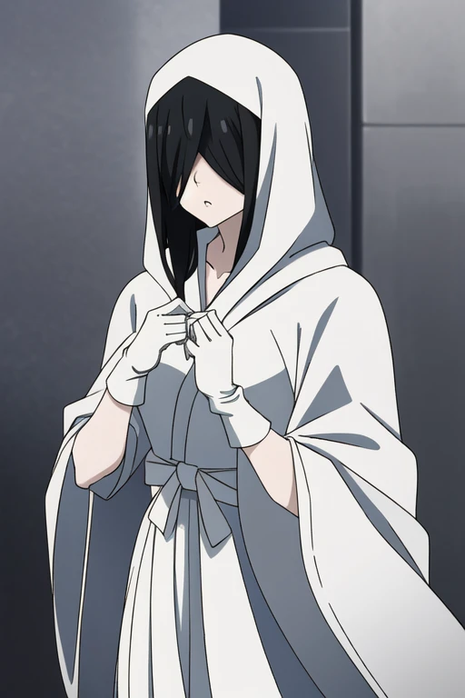 ((masterpiece)), (best quality), (absurdres), black hair, yamamura_sadako, white gloves, white cape (white dress, black obi), (grey skin), hair over eyes, eyes covered, looking at viewer, cape,