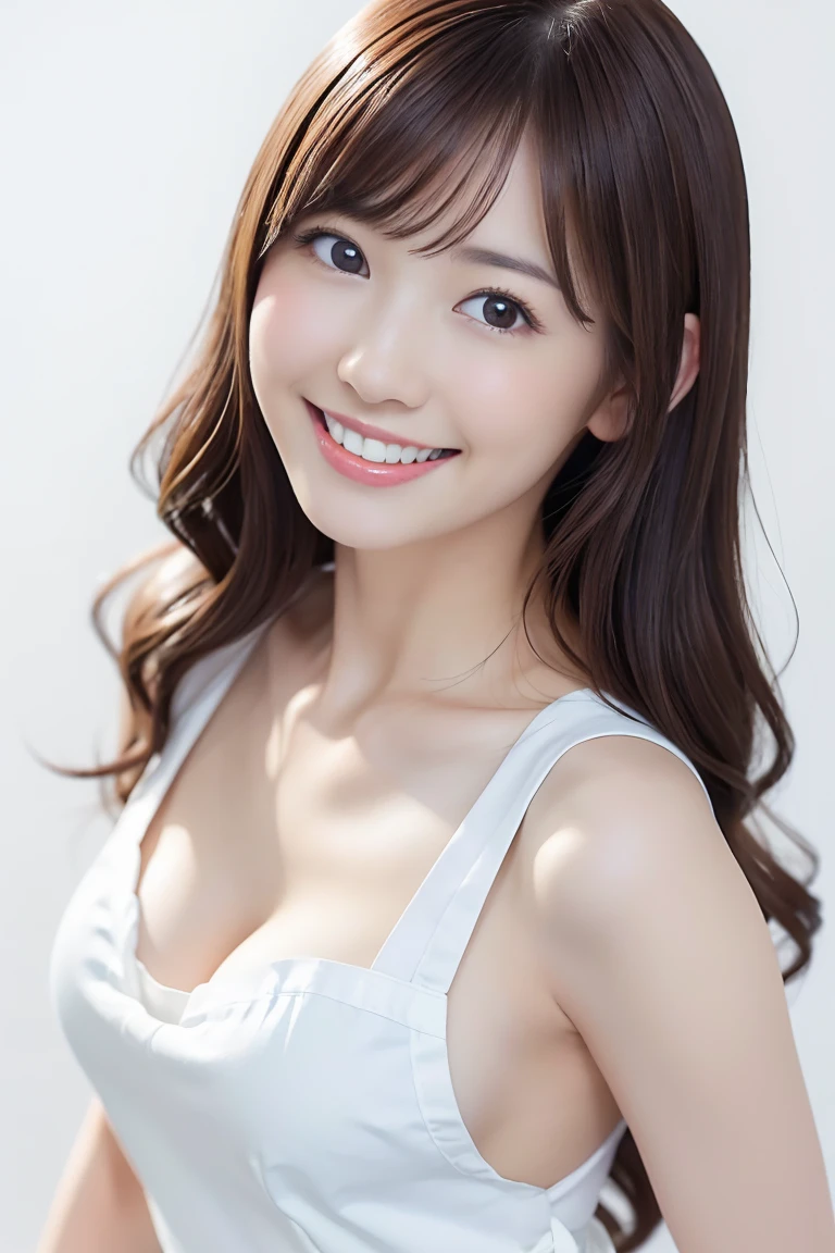 (Highest quality、Tabletop、8k、Best image quality、Award-winning works)、1. pretty girl、(Naked with a white apron:1.2)、Perfect girl portrait photo、Glowing Skin、Brown Hair、(Cleavage:1.1)、(Large Breasts:1.1)、Accentuate your body lines、Standing Elegantly、(Face close-up:1.2)、Woman looking up at me、Cute Smile、(The simplest pure white background:1.3)