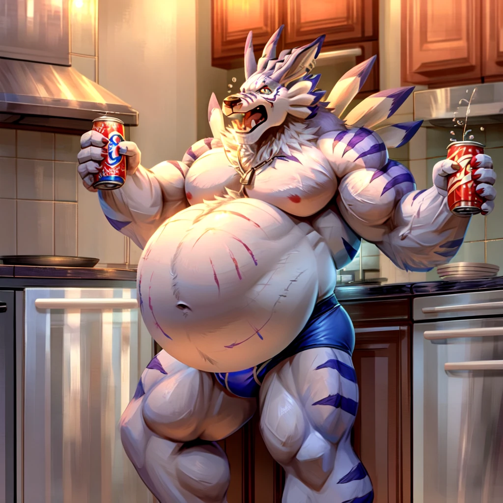 solo, weregarurumon, muscular, muscle gut, round belly, hyper belly, belly expanding bigger and bigger like a balloon, stretch marks on stomach, shirtless, briefs, shocked, holding a can of soda, belly rumbling, bubbles, kitchen