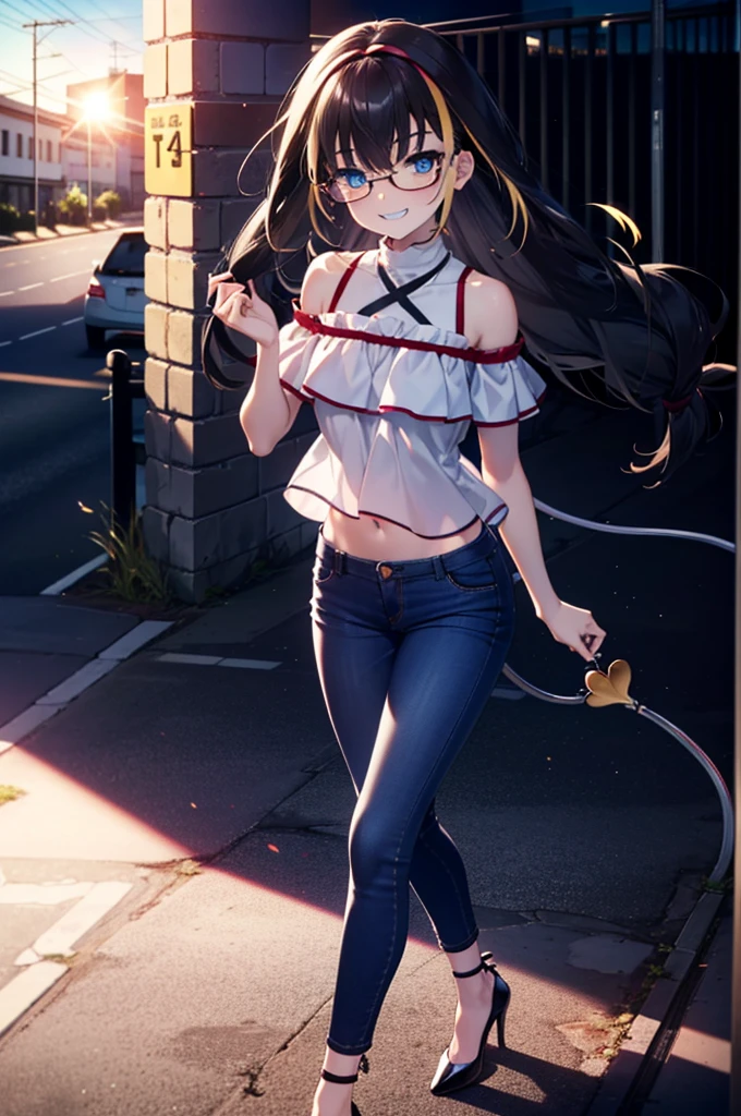 small, small, Black Hair, blue eyes, demon tail, hair band, Long Hair, mechanical tail, Multicolored Hair, tail, smile,Grin,tooth,Black-rimmed glasses,Cold shoulder tops,Short sleeve,Skinny jeans,Stiletto heels,morning,morning陽,The sun is rising,Walking,whole bodyがイラストに入るように,
break looking at viewer, whole body,
break outdoors,Building district,
break (masterpiece:1.2), Highest quality, High resolution, unity 8k wallpaper, (figure:0.8), (beautiful detailed eyes:1.6), extremely detailed face, Perfect lighting, extremely detailed CG, (Perfect hands, Perfect Anatomy),