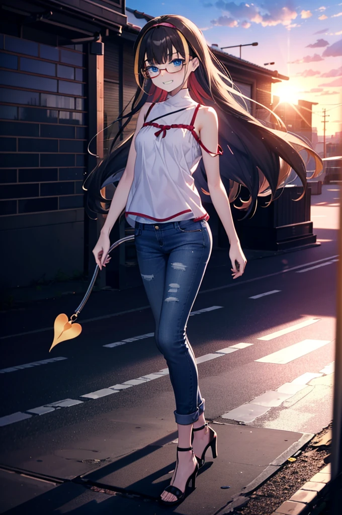 small, small, Black Hair, blue eyes, demon tail, hair band, Long Hair, mechanical tail, Multicolored Hair, tail, smile,Grin,tooth,Black-rimmed glasses,Cold shoulder tops,Short sleeve,Skinny jeans,Stiletto heels,morning,morning陽,The sun is rising,Walking,whole bodyがイラストに入るように,
break looking at viewer, whole body,
break outdoors,Building district,
break (masterpiece:1.2), Highest quality, High resolution, unity 8k wallpaper, (figure:0.8), (beautiful detailed eyes:1.6), extremely detailed face, Perfect lighting, extremely detailed CG, (Perfect hands, Perfect Anatomy),