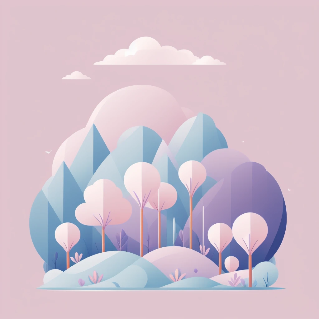 Abstract spring illustratin, minimal, vector, combination of natural and geometric, two-dimensional, using pale violet color tone, violet pastel color