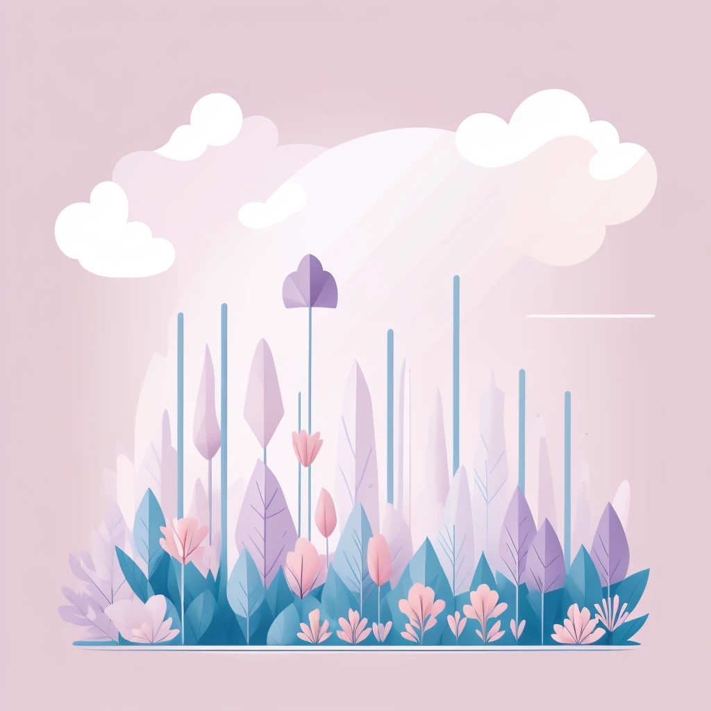 Abstract spring illustratin, minimal, vector, combination of natural and geometric, two-dimensional, using pale violet color tone, violet pastel color