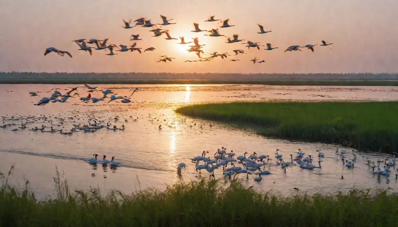 Sunset scene，Golden，China Tiaozini Wetland，Red Suaeda，Hundreds of swans are flying in the sky，Elk jumping in the water，There is a big bird in the lower right corner，HD，4k，raw，Photography masterpieces by international masters