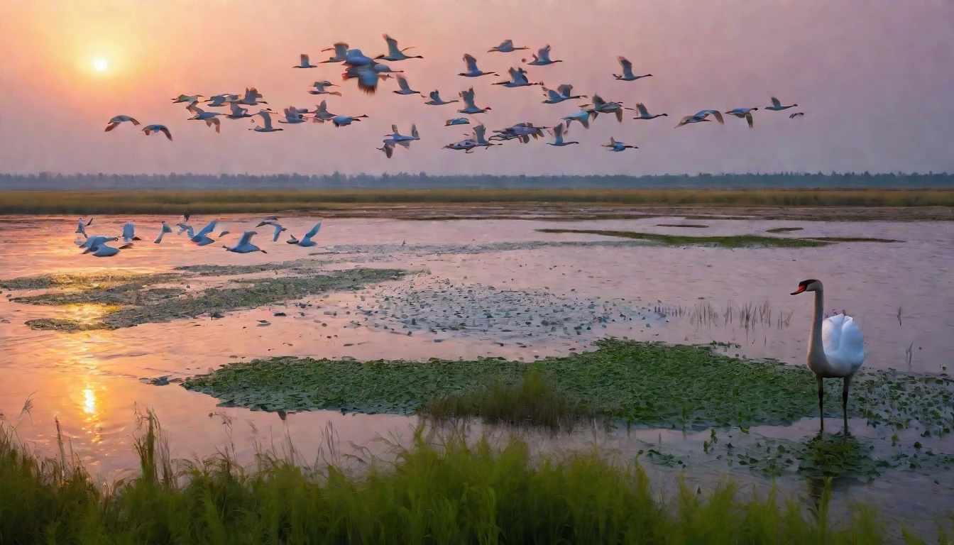 Sunset scene,Golden,China Tiaozini Wetland,Red Suaeda,Hundreds of swans are flying in the sky,Elk jumping in the water,There is a big bird in the lower right corner,HD,4k,raw,Photography masterpieces by international masters