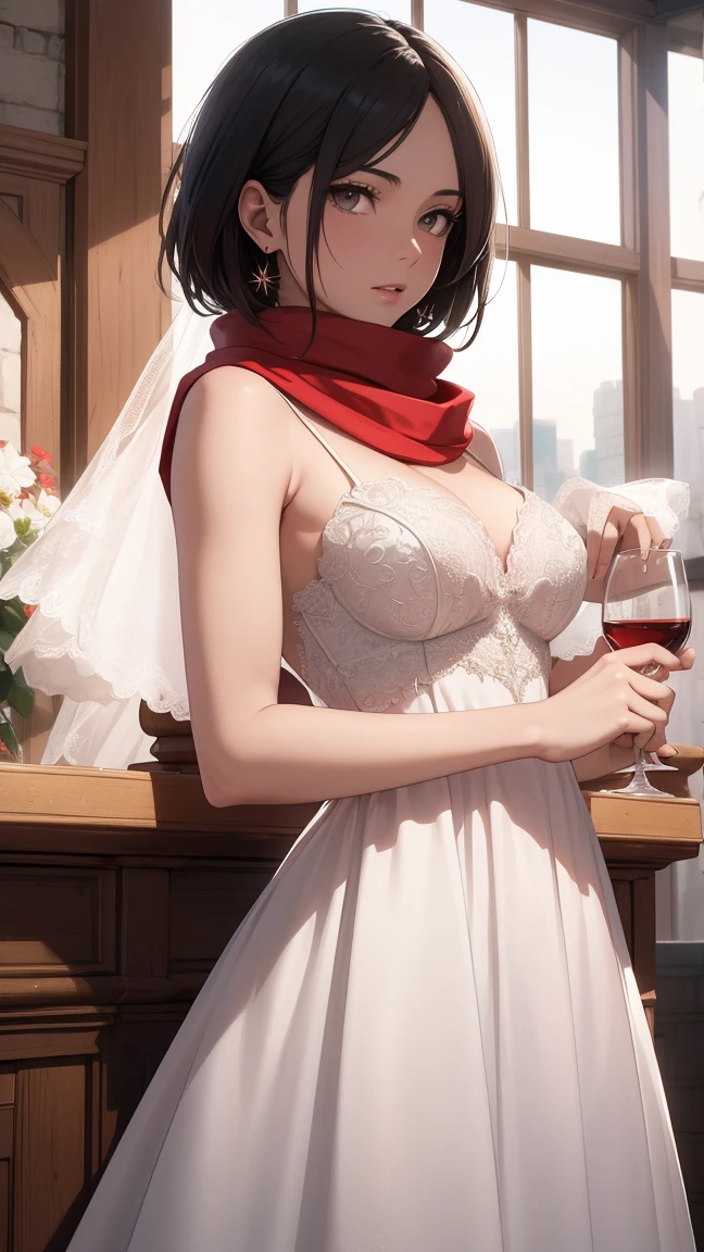 (masterpiece, best quality:1.2), solo, 1girl, Mikasa Ackerman, Attack on titan, looking at viewer, red gorgeous scarf, earrings, official art, extremely detailed CG unity 8k wallpaper, perfect lighting, (masterpiece:1.0),(best_quality:1.0), ultra high res,4K,ultra-detailed, photography, 8K, HDR, highres, absurdres:1.2,, bokeh:1.2, lens flare, (vibrant_color:1.2),(beautiful_face:1.5),(narrow_waist),(perfect hands, perfect anatomy), white wedding dress, wedding dress, gala dinner, holding a glass of wine, white dress