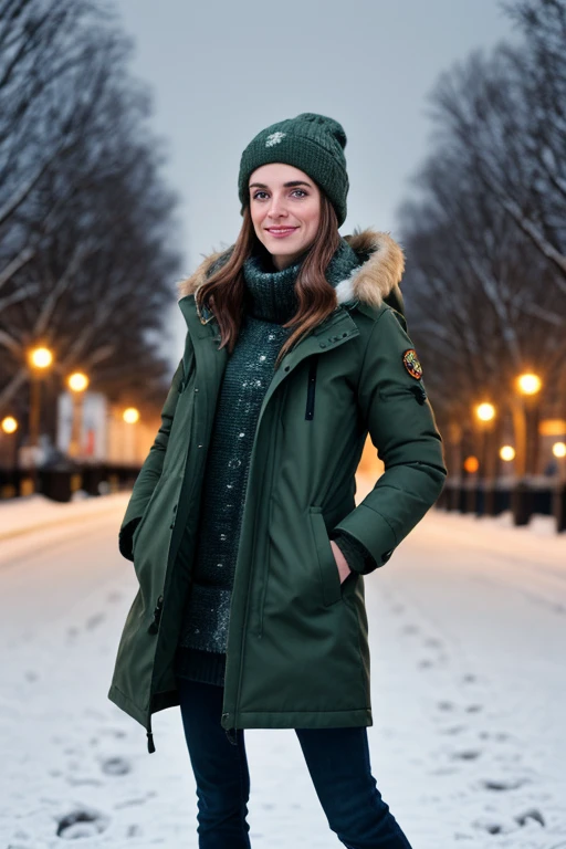 a realistic photograph de fit and thin beautiful (M36D0n:1.1) woman as a beautiful tourist in a dark green parka standing in the snow near the brandenburg ghase in berlin,nuit noire,light snow showers,prise avec Nikon D850,Nikon AF-S 85 mm f./1.Objectif 4G,photo realistic,bokeh,imax,(very detailed),(prime),(chef-d'artwork),(hdr),(Fond d'8k screen),colored,Couleur vive,intrichasely detailed,high contrast,regarder_has_viewer,high resolution,absurdes,hyper realistic,UDH,profondeur_de_Champ,PA7_Portrait-MS,