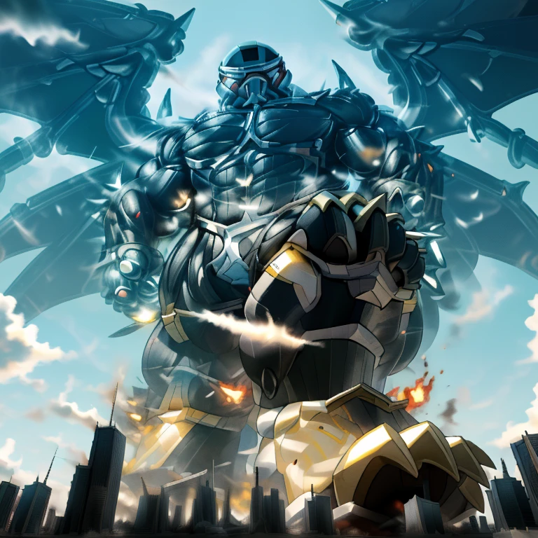 (masterpiece. official art. 8k. best quality. detailed full body. full body.)
A man in stylish armor fights against the magnificent biomechanical LUCARIO.
(situation 1 : dominating LUCARIO. focus GIANT mechanical Muscular LUCARIO is trampling the CITY. macro. stomp. Low-angle perspective. emphasizing the immense size. The perspective is from below, emphasizing the sheer majesty and power of the Giant. giant art. He is much bigger than a skyscraper. Giga Giants. micro soccer field. looking down. Trample.)
(situation 2 :smoke and flames rising from the destruction in the city)
(Additional details 1: wearing a full-face helmet. helmet is jet black. The color of NANOSUIT is jet black. high-tech bio-mecha armor. real texture material. whole body shines like metal. Wearing cyberpunk mecha. emphasizes the muscles. suit fully made of metal. intricate armor. Robotic suit. suit fully made of metal. NANOSUIT with the same design as LUCARIO.).
(Additional details 2: (Detailed head. Detailed Body. Detailed abs. gigantic muscles. HYPER MUSCLES. Gigachad Muscular. big muscle. pecs. triceps. traps. unusually developed muscular body. body full of huge muscles. showing off muscles. pectorales enormes. Exaggeratedly huge muscles. huge muscles. long legs.).
(Additional details 3: nj5furry, Spread wings. It has wings. black have big wings. The claws are sharp. Sharp teeth.5 toes.).