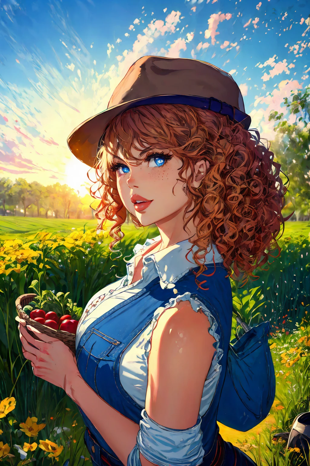 (best quality,4k,8k,highres,masterpiece:1.2),ultra-detailed,realistic,red-haired girl with freckles,beautiful detailed eyes and face,smug expression,sassy attitude,cute girl,curly red hair,plaid shirt,denim overalls,hat,farmer boots,brown curly hair,long eyelashes,thick booty,farm background,holding a basket of fresh vegetables,gardening tools,morning sunlight,vivid colors,rustic style,soft lighting