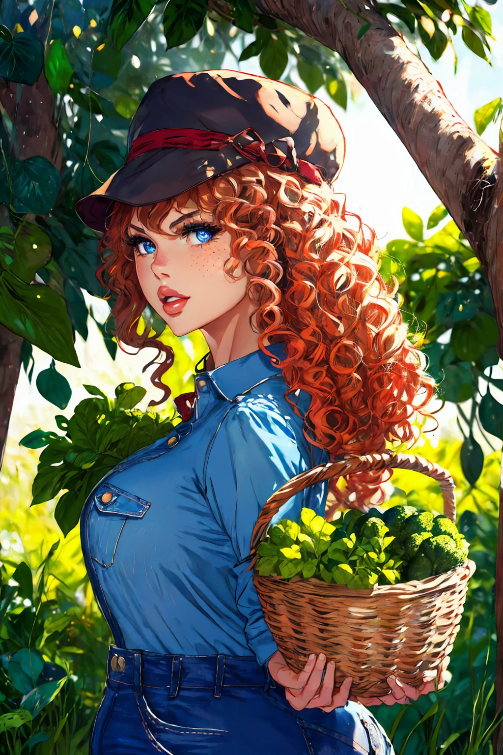 (best quality,4k,8k,highres,masterpiece:1.2),ultra-detailed,realistic,red-haired girl with freckles,beautiful detailed eyes and face,smug expression,sassy attitude,cute girl,curly red hair,plaid shirt,denim overalls,hat,farmer boots,brown curly hair,long eyelashes,thick booty,farm background,holding a basket of fresh vegetables,gardening tools,morning sunlight,vivid colors,rustic style,soft lighting