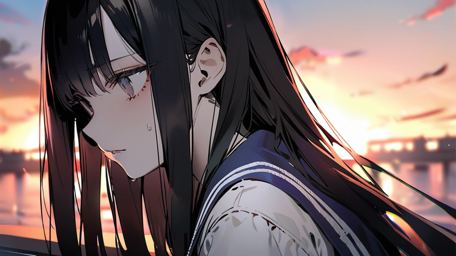 1 girl, alone, Long Hair,Black Hair,Looking at the audience,Mouth closed, , White eye,Black eyes,sunset,,Sailor suit, lips, eyelash,Depressed,sad,farewell,From the side, Compensate, Straight Hair,masterpiece,Very detailed