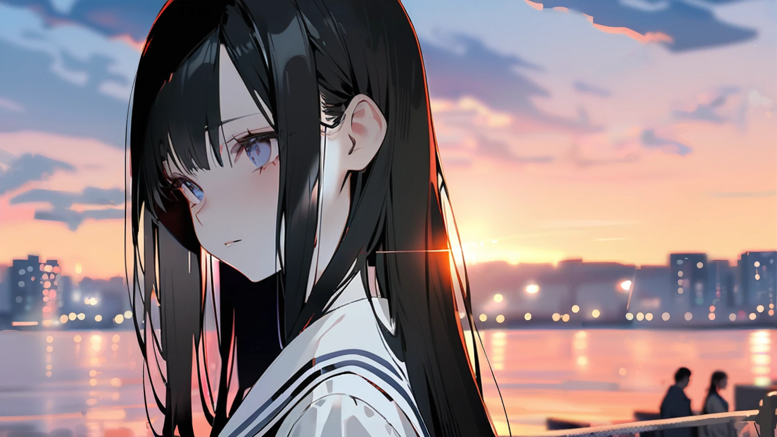 1 girl, alone, Long Hair,Black Hair,Looking at the audience,Mouth closed, , White eye,Black eyes,sunset,,Sailor suit, lips, eyelash,Depressed,sad,farewell,From the side, Compensate, Straight Hair,masterpiece,Very detailed