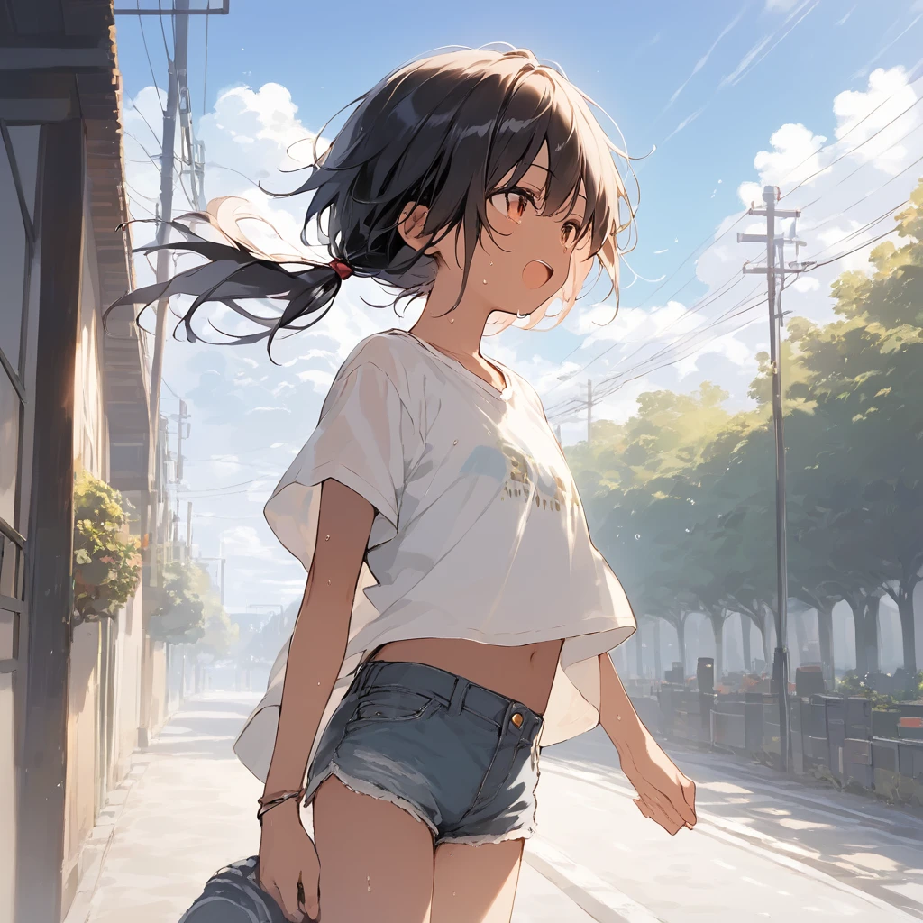score_9, score_8_up, score_7_up, source_anime, best quality, masterpiece, official art, absurdres, highres, ultra-detailed,waifu2x,Collection: Slice of Life,break,1girl, tomboy, dark-skinned female, short hair, low ponytail, flat chest, beautiful detailed eyes, short shorts, sweat, open mouth, (yawn:0.3), sleepily, outdoors, wind, break,(clear line illustration:1.2),very high resolution, very aesthetic, super detailed skin, Best sexual lighting powered by famous artist, 8k,cute picture,beauty illustration,photoshop_(medium),,(Detailed Lighting),best anime 8k konachan wallpaper, pixiv contest winner,
