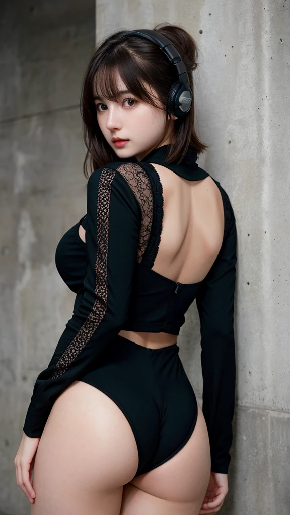 ((best quality)), photorealistic, photorealism, Photorealistic, high resolution, 1girl aiming with an assault rifle, Beautiful, Baby Face, 20 Years Old, White Skin, pale skin, Large Breasts, huge breast, Combat pose, looking at the camera, (Detailed face), short hair, sexy body, (wearing black lace suit, high-tech headset), cloths color based on black), revealed thigh, showed her back, Fingers are occluded, concrete wall background,