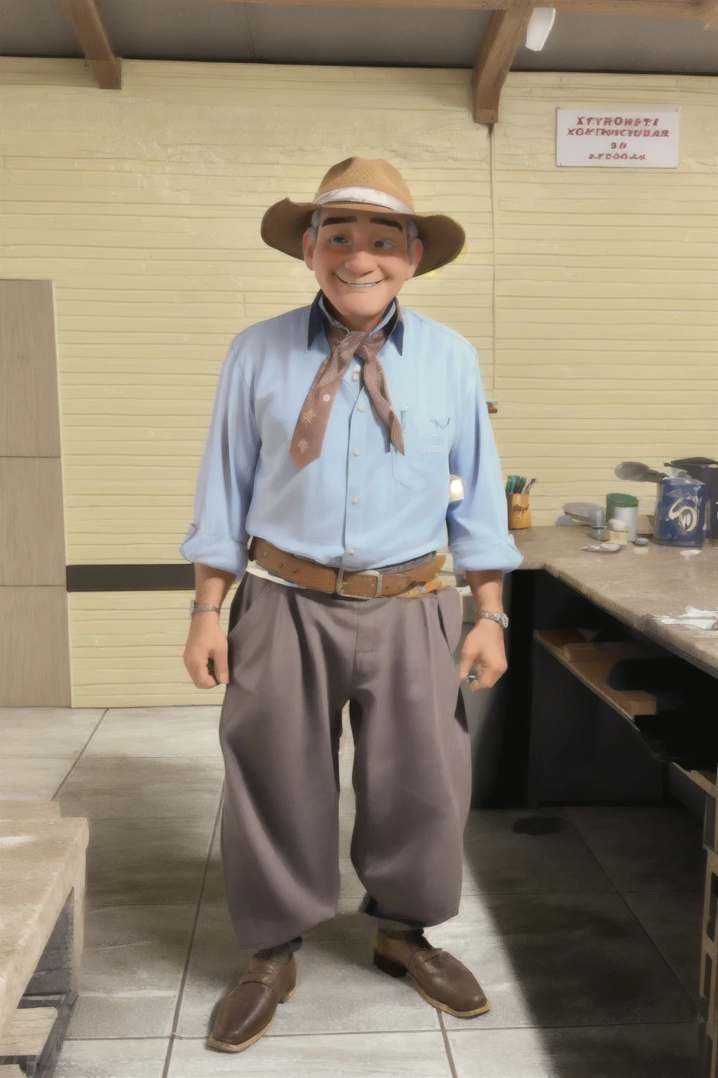 A comic book style drawing shows a man in a hat and tie standing in a kitchen, vestido como um xerife ocidental, 🤠 usando um 🖥, tema cowboy, vestindo roupas da era dos anos 10, estilo jean giraud, estilo vaqueiro, dressed like in the 1940s, taken at the beginning of 2020, usando roupas 1 8 5 0 s