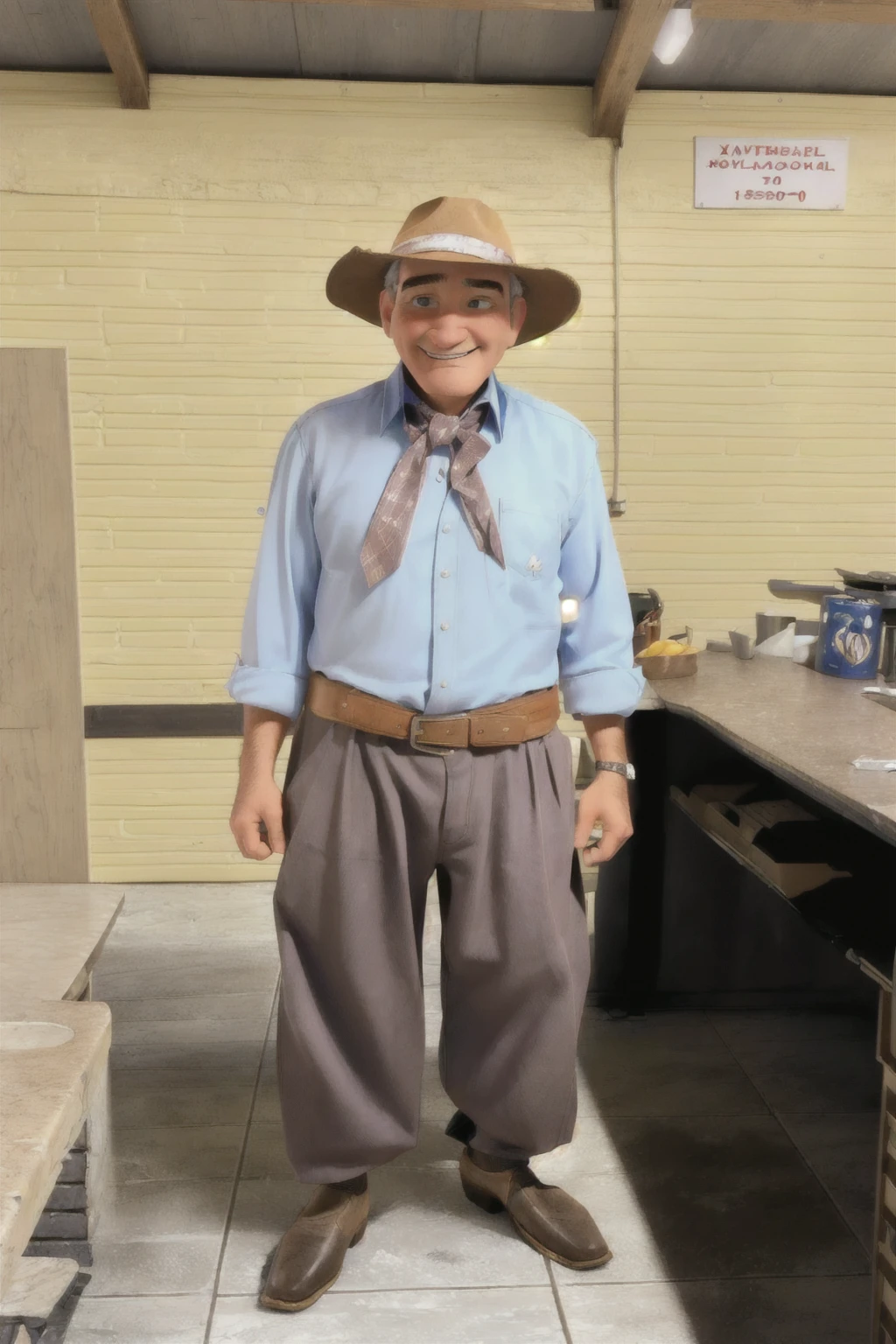 A comic book style drawing shows a man in a hat and tie standing in a kitchen, vestido como um xerife ocidental, 🤠 usando um 🖥, tema cowboy, vestindo roupas da era dos anos 10, estilo jean giraud, estilo vaqueiro, dressed like in the 1940s, taken at the beginning of 2020, usando roupas 1 8 5 0 s