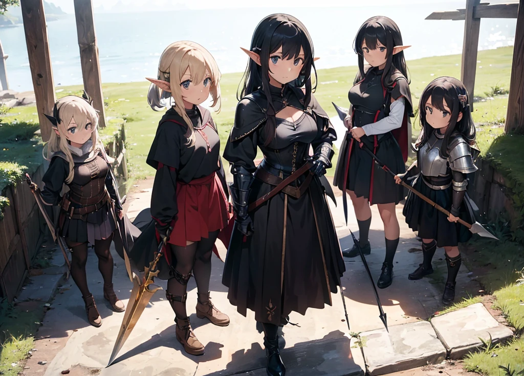 a scene of group of women are posing in wood weapon, BLACK armor, polearm, pointy ears, multiple girl, spear, nature, , elf , BLACK HAIR