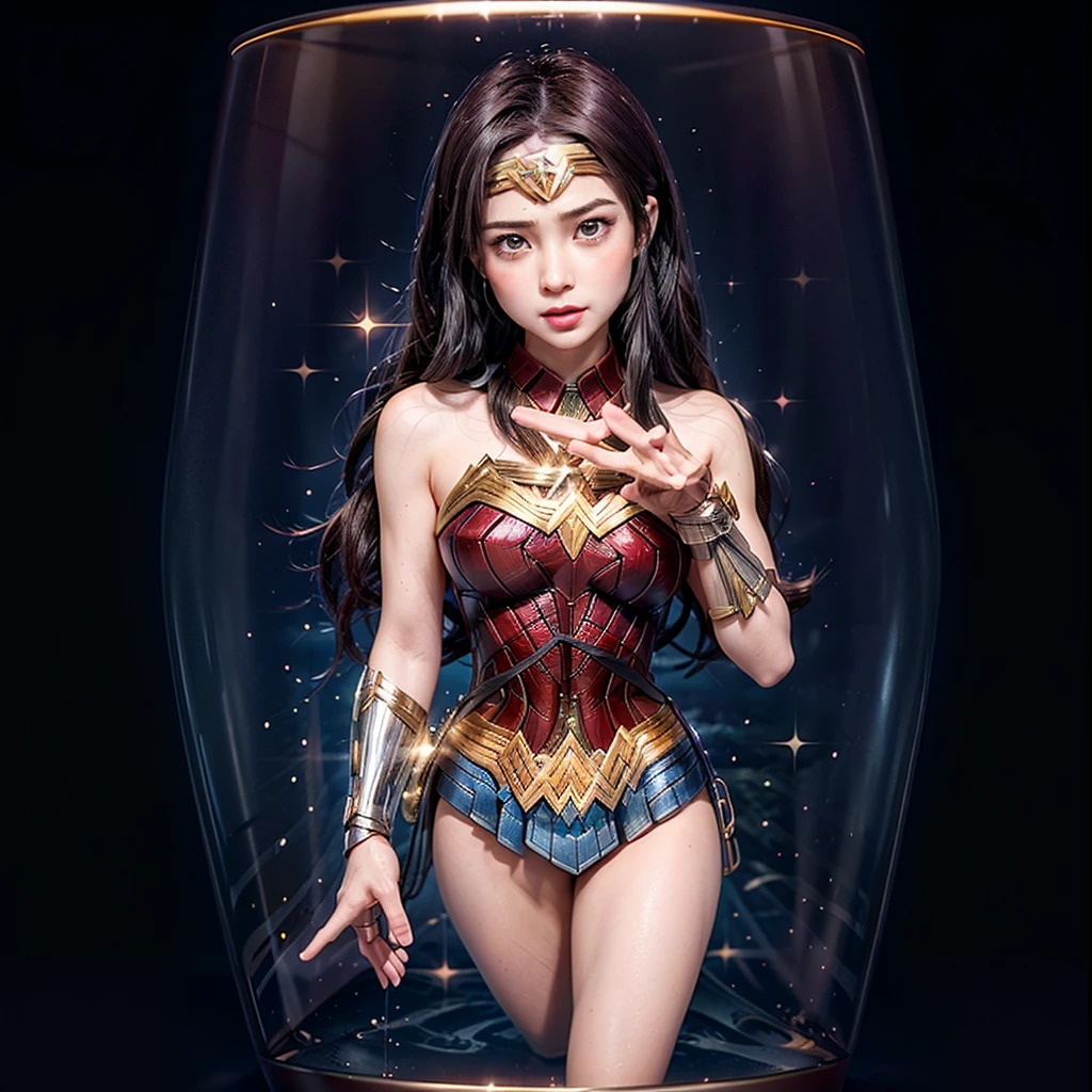 High-level, 8K Masterpiece TopQuality, Ultra-detailed CG, Absurd detailed wallpaper, PerfectLighting, Extremely detailed (((Personifying " Sexy Wonder Woman " as a KAWAII Girl))), Characteristic Items, aesthetic LifeLike Rendering, MysticSight, 
Haze Tyndall Scattering, (Studio GRAY Background with (Oodles Dazzling RainbowColorParticles (BokeH))), (((Assfocus)) RoundlyButts ThighGap),  (Exposed:0.9) NSFW 🔞  BREAK  (Acutance:0.8), (NOGIZAKA FaceVariations) Extremely Detailed very KAWAII FaceVariations, Childish CaptivatingGaze ElaboratePupils Detailed Eyes with (SparklingHighlights:1.28), (Voluminous LongEyelashes:0.88)、Glossy RedLips with beautiful details, CoquettishTongue, RosyCheeks, Radiant PearlSkin with Transparency, Glowing DowneyHair . { (Dynamic LifeLike expressions:1.4) | (:d) }, (large eyes:-1) .(Sitting in Square container, Square Glass Box), presentingpanties,panties, holding,holding panties