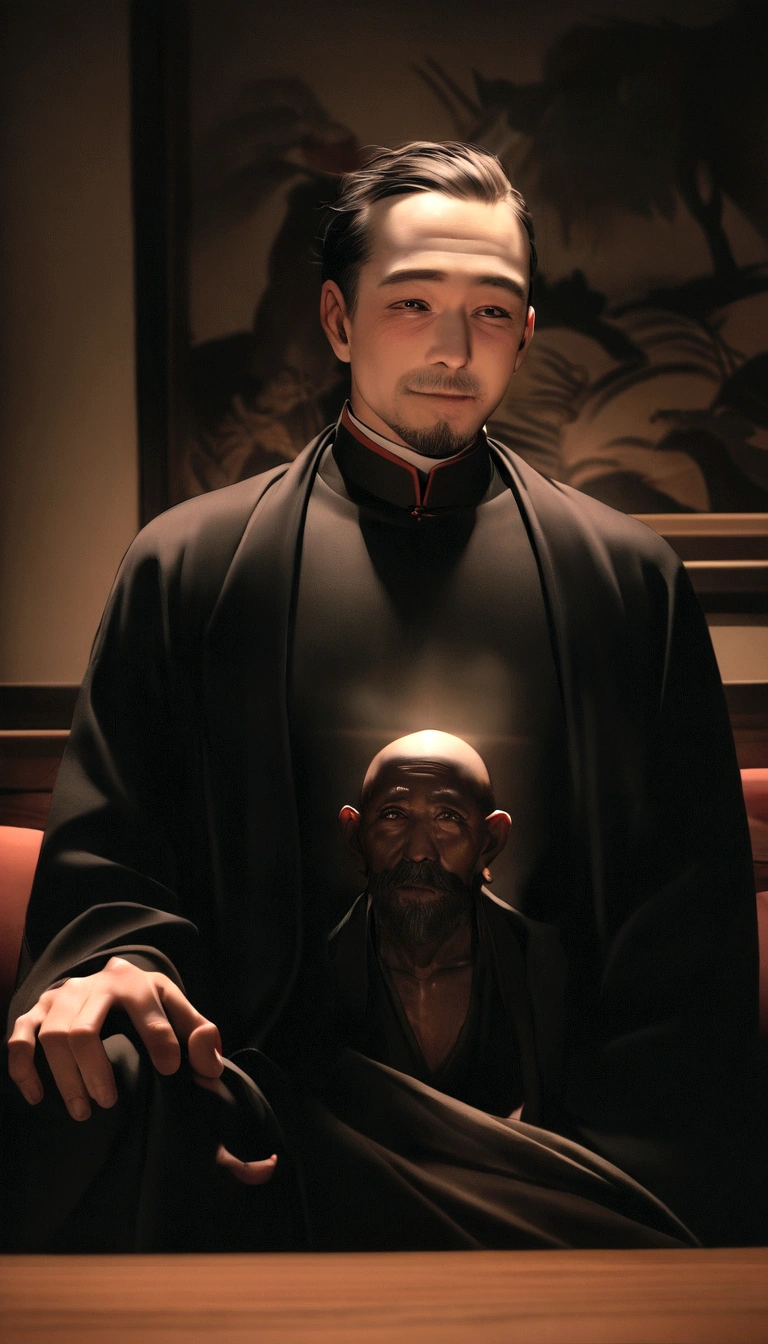 Wearing a black coat,Smile,Middle of the lens,The background is a traditional Chinese painting,Men have no beards,Wise monk,Center the photo,Character Center,sitting behind the coffee table,Real frontal photo,Face HD,The face is softly lit,Smile,The background is a bit dark,Dim indoor lighting,blur background,Light shines on the face from the front,Evenly illuminate the face,Medium shot,best quality,Photograph