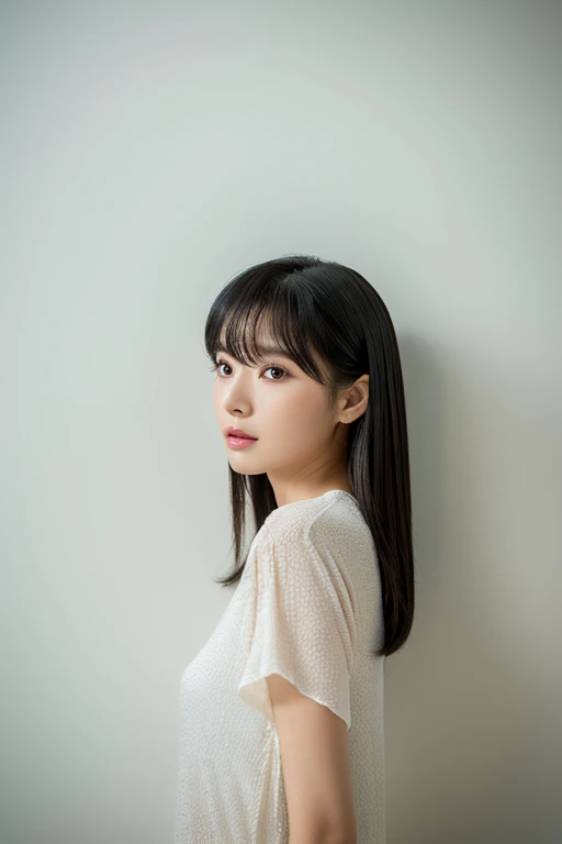 Stylish short sleeve top、Silky Hair、30-year-old woman(背景にWhite wall、Straight hair:1.4)、White wall、In front of the white door、(窓のあるWhite wallの部屋)、((Highest quality、8k、masterpiece:1.3))、Ultra-high resolution、(photoGenuineistic:1.4)、RAW Photos、Japanese,(detailed aspects)、Genuine、Photographed in natural light、Highly detailed face and skin texture、Highly detailed lips、The correct state of the human body、Medium Hair、Black Hair、Mr...々stop temporarily、Natural color lip、Shiny Hair、Don&#39;Don&#39;Don&#39;Don&#39;t look at the camera、profile