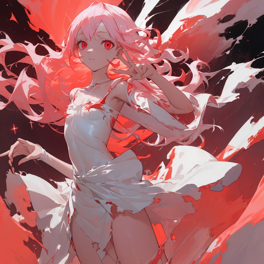 masterpiece, White glowing coral pink hair, long hair, glowing red eyes
Eyes, torn white shoulder strap dress, suspicious atmosphere, eerie,  small breasts, white skirt, thin body, Cool Beauty, red concentrated line background,  collarbone, red energy bullet, fire, starry star scloud colorful, arms, hands, peace sign, finger, nail, skin suit, ,