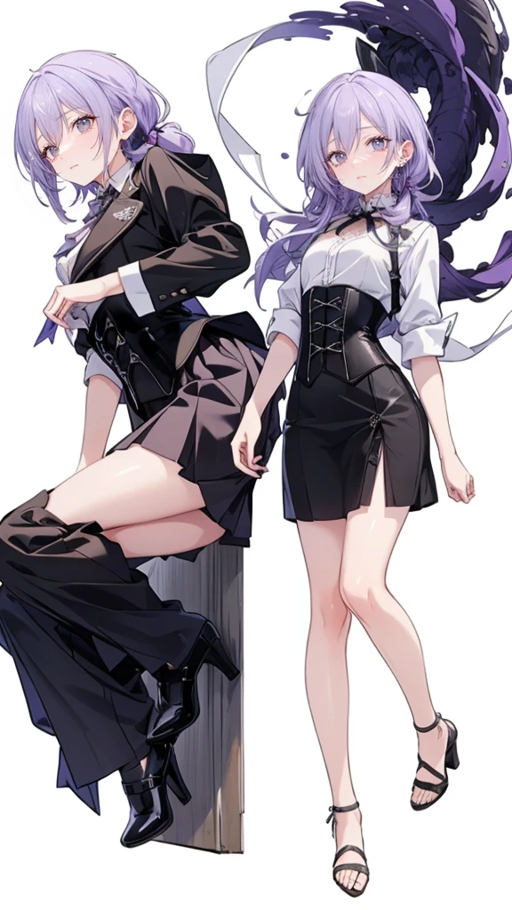 ((Perfect Face)),Purple Hair,Adult female,White shirt,((Shirt with rolled up sleeves)),(((Roll up your sleeves))),((corset)),short skirt,(High heels),((Simple White Background)),((full body)),((Full Body)),
