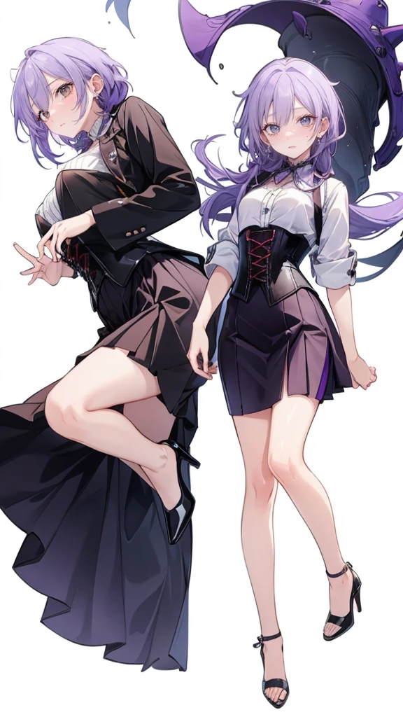 ((Perfect Face)),Purple Hair,Adult female,White shirt,((Shirt with rolled up sleeves)),(((Roll up your sleeves))),((corset)),short skirt,(High heels),((Simple White Background)),((full body)),((Full Body)),