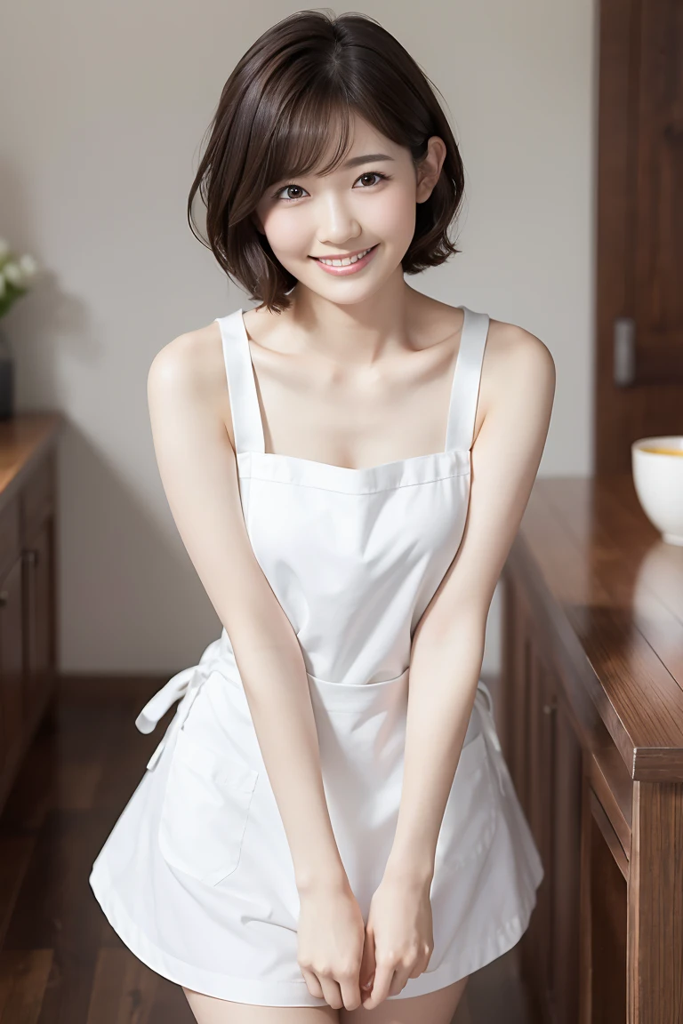 (Highest quality、Tabletop、8k、Best image quality、Award-winning works)、1. pretty girl、(Short Bob Hair:1.1)、(Naked with a white apron:1.2)、Perfect girl portrait photo、Glowing Skin、Brown Hair、(Large Breasts:1.1)、Accentuate your body lines、Standing Elegantly、(Face close-up:1.2)、Woman looking up at me、Cute Smile、(The simplest pure white background:1.3)