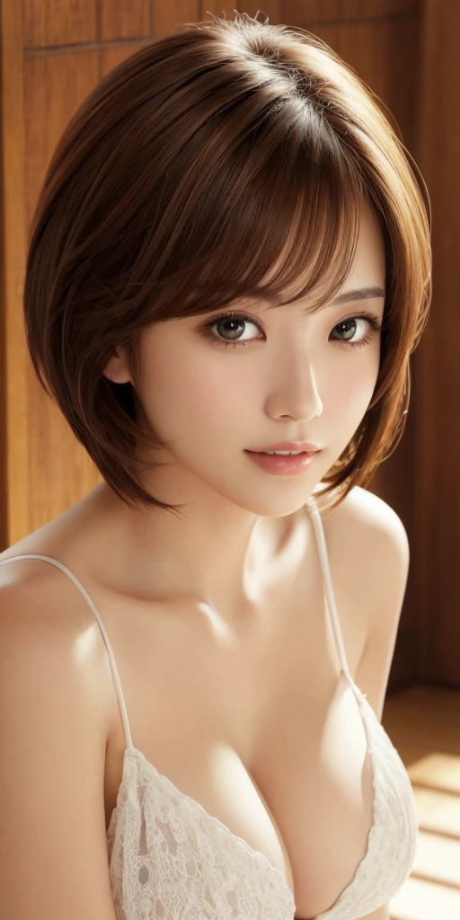 masterpiece、Highest quality、High resolution、Tabletop、wallpaper、Realistic、Bright lighting、Professional Lighting、Face Light、Smooth lighting、Japanese women、Adult、Beautiful woman、action、gravure、sexy、poor、so beautiful、Beautiful Skin、Beautiful and detailed、Detailed face、slim、moderately、short hair、Brunette colored hair、Brown eyes、Looking at the camera、I have a sax、Big Breasts、Cleavage