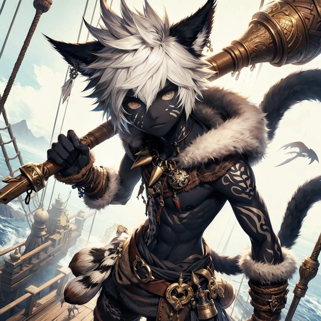 Full body art in the FinalFantasy-Anime style, a beautiful boy with black skin tone like ebony made of shadows, -yewhite eyes, spiky white hair lifted upwards, frayed and combed back. He has jaguar ears, sharp teeth and claws on his hands and feet, holding a huge golden flute, wears rustic Druid clothes made of fine leather, with a fur hood, perfect and large feet. on a pirate ship