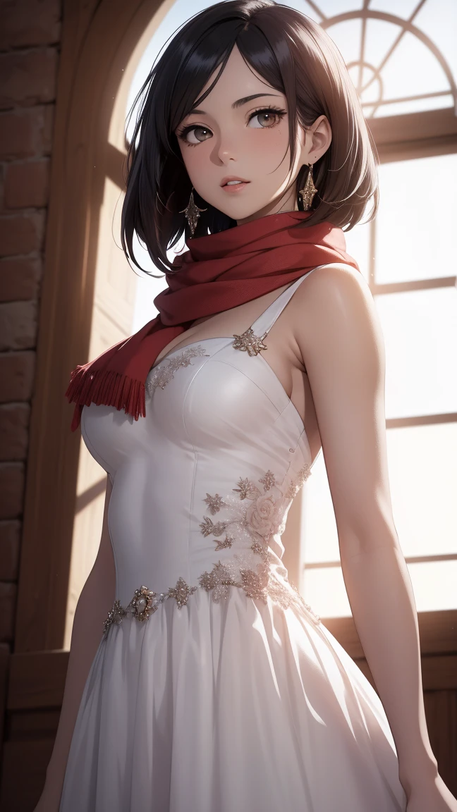 (masterpiece, best quality:1.2), solo, 1girl, Mikasa Ackerman, Attack on titan, looking at viewer, red gorgeous scarf, earrings, official art, extremely detailed CG unity 8k wallpaper, perfect lighting, (masterpiece:1.0),(best_quality:1.0), ultra high res,4K,ultra-detailed, photography, 8K, HDR, highres, absurdres:1.2,, bokeh:1.2, lens flare, (vibrant_color:1.2),(beautiful_face:1.5),(narrow_waist),(perfect hands, perfect anatomy), white wedding dress, wedding dress, gala dinner, holding a glass of wine, white dress