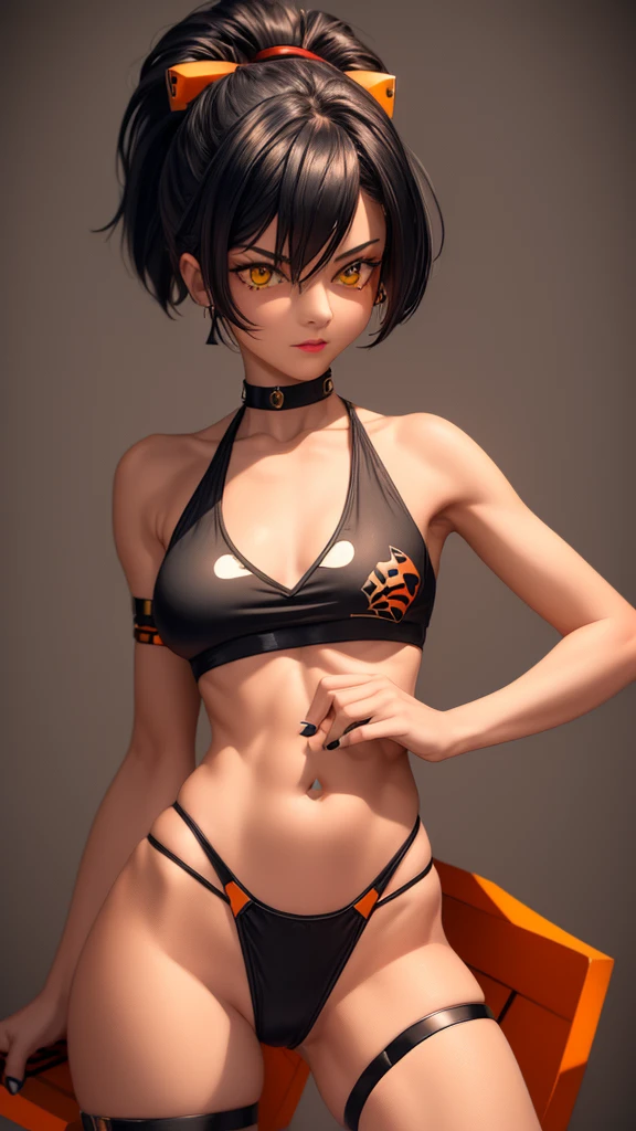 solo, 1girl, (masterpiece), ((14 year old appearance)), mohalk punk hair, small breasts, yellow eyes, ((detailed eyes)), (athletic body), (simple black cropped), (simple sexy micro black top with red details), Looking at the screen, orange lipstick, visible abs, (simple micro kinky thong), navel, (collarbone), (cyberpunk scenery background)