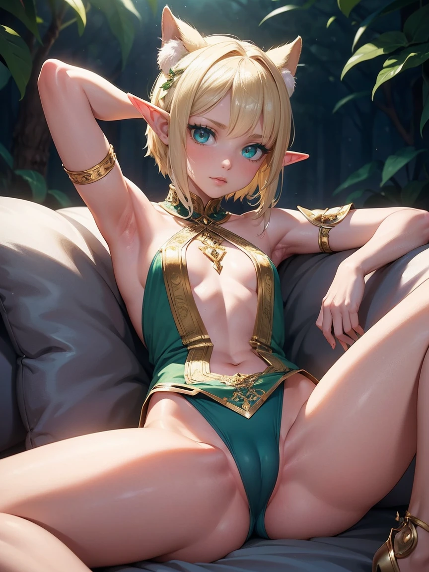 Ultra sharp, masterpiece, best quality, intricate details, detailed eyes, perfect face detailed face, masterpiece, highly detailed exquisite character art, perfectly detailed anatomy, Beautiful girl, transparent flowy outfit, Elf girl, Elf ear, (Showing armpit:1.2), small, sitting, spread legs, shaved sides, glowing, textured skin, whispering, green eyes, blonde hair, glossy face, fairy dust, small breasts, cameltoe,