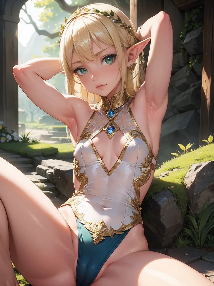Ultra sharp, masterpiece, best quality, intricate details, detailed eyes, perfect face detailed face, masterpiece, highly detailed exquisite character art, perfectly detailed anatomy, Beautiful girl, transparent flowy outfit, Elf girl, Elf ear, (Showing armpit:1.2), small, sitting, spread legs, shaved sides, glowing, textured skin, whispering, green eyes, blonde hair, glossy face, fairy dust, small breasts, cameltoe,