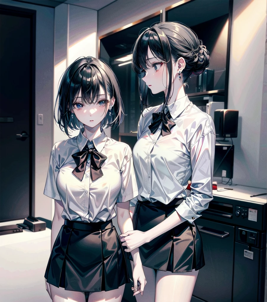 absurdres, RAW photo, extremely delicate and beautiful, masterpiece, Best Quality, ultra high resolution, 32k, hyperrealistic, ultra-detailed, in her 20s, delicate facial features, tearful mole, earring, medium breasts, full body shot, shorter middle hair, black hair, summer school_uniform shirt, sleeveless, yuri, 2girls,