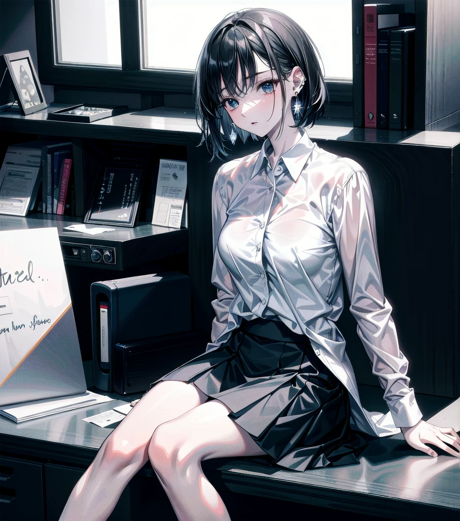 RAW photo, extremely delicate and beautiful, masterpiece, Best Quality, ultra high resolution, 16k, photorealistic, ultra detailed description, pale skin, in her 20s, whole body, medium tits, medium hair, black hair, tearful mole, earring, business suit, pencil skirt, partially unbuttoned shirt, tie,